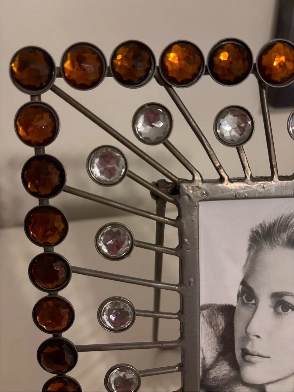 Silver Tone Jeweled Picture Frame Amber Clear “rhinestones” 4x6 Tabletop Decor